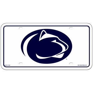 white metal license plate with Penn State Athletic Logo